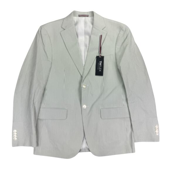 Tommy Hilfiger Mens Modern Fit Seersucker TH Flex Sport Coat White Green 36S